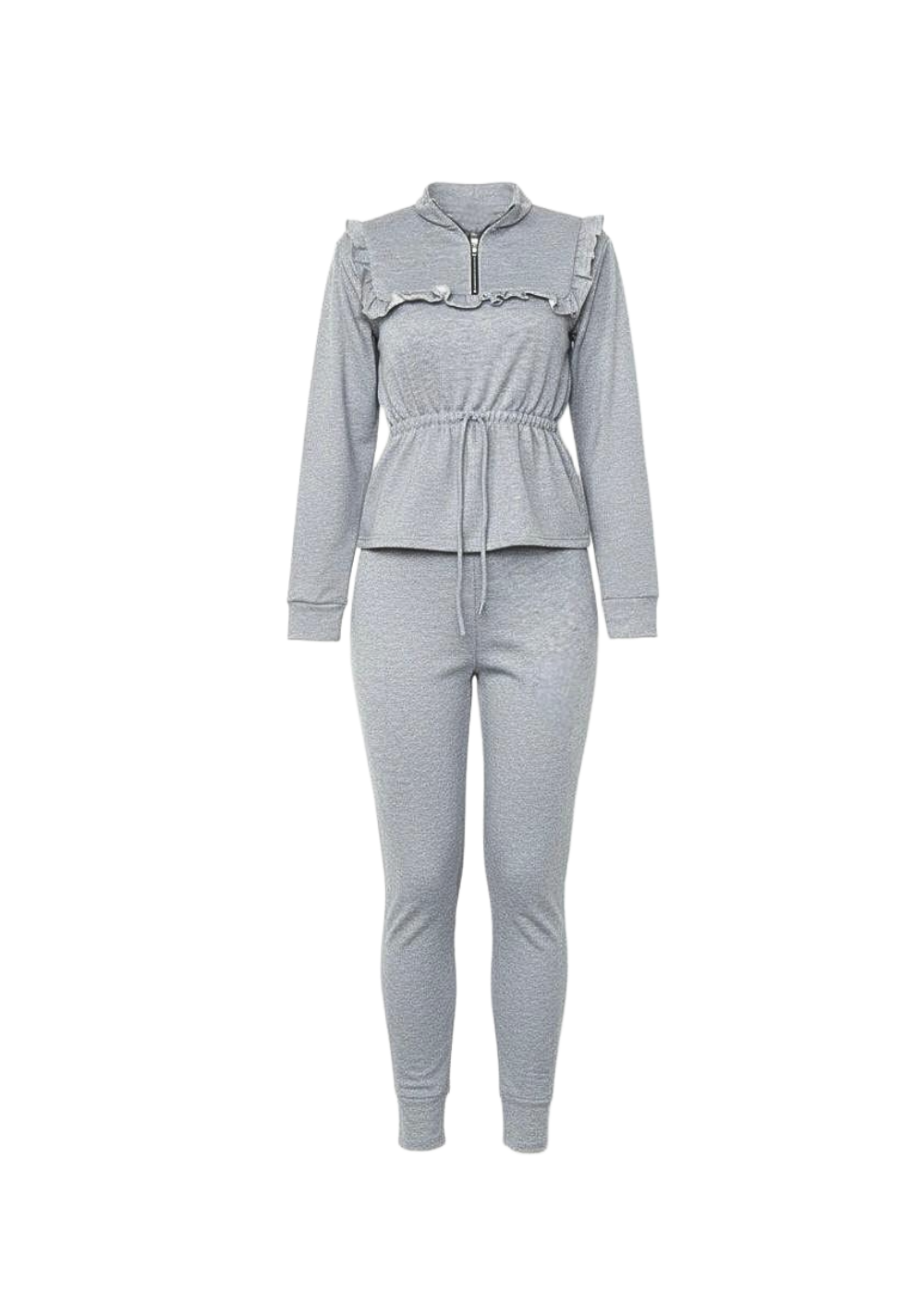 Light Grey Long Sleeve Lounge Top Adjustable Waist With Frill Accents