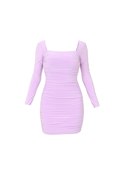 Lilac Stretch Fit Square Neck Ruched Bodycon Party Style Mini Dress