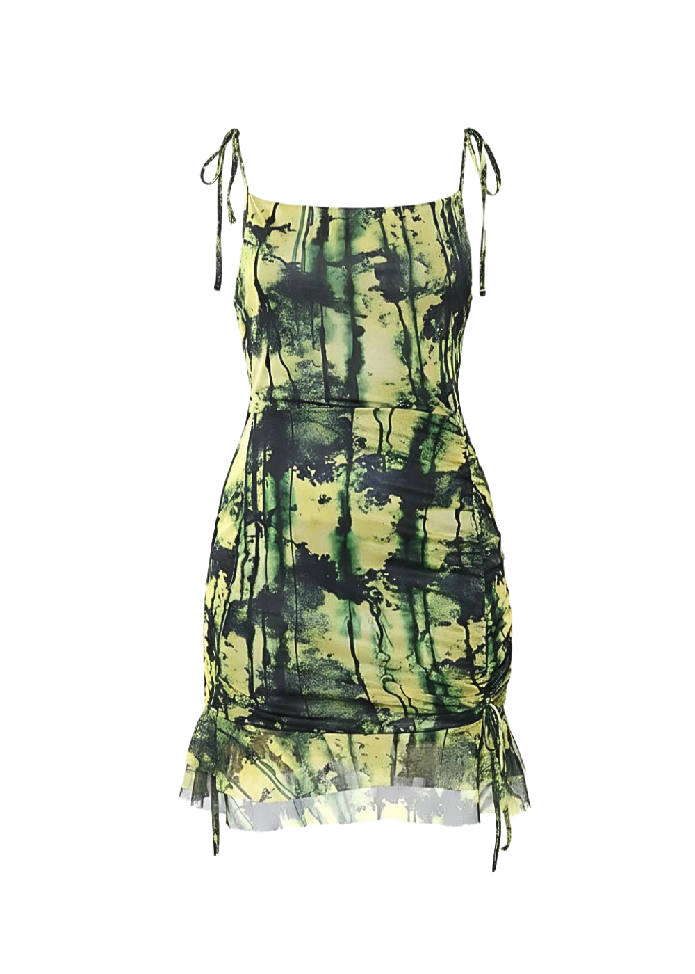 Lime Tie Dye Mesh Ruched Side Bodycon Mini Dress