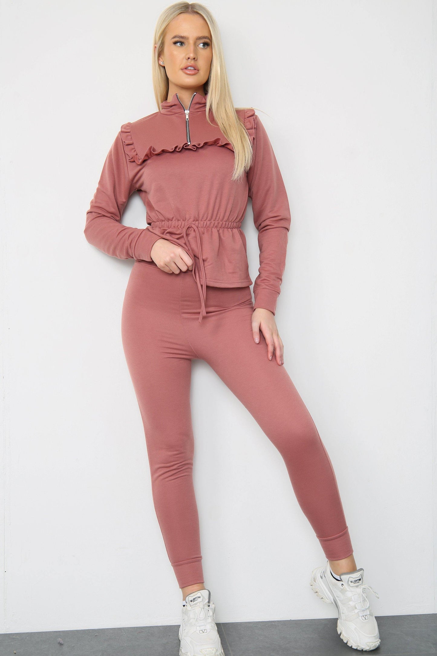 Rose Gold Long Sleeve Lounge Top Adjustable Waist With Frill Accents