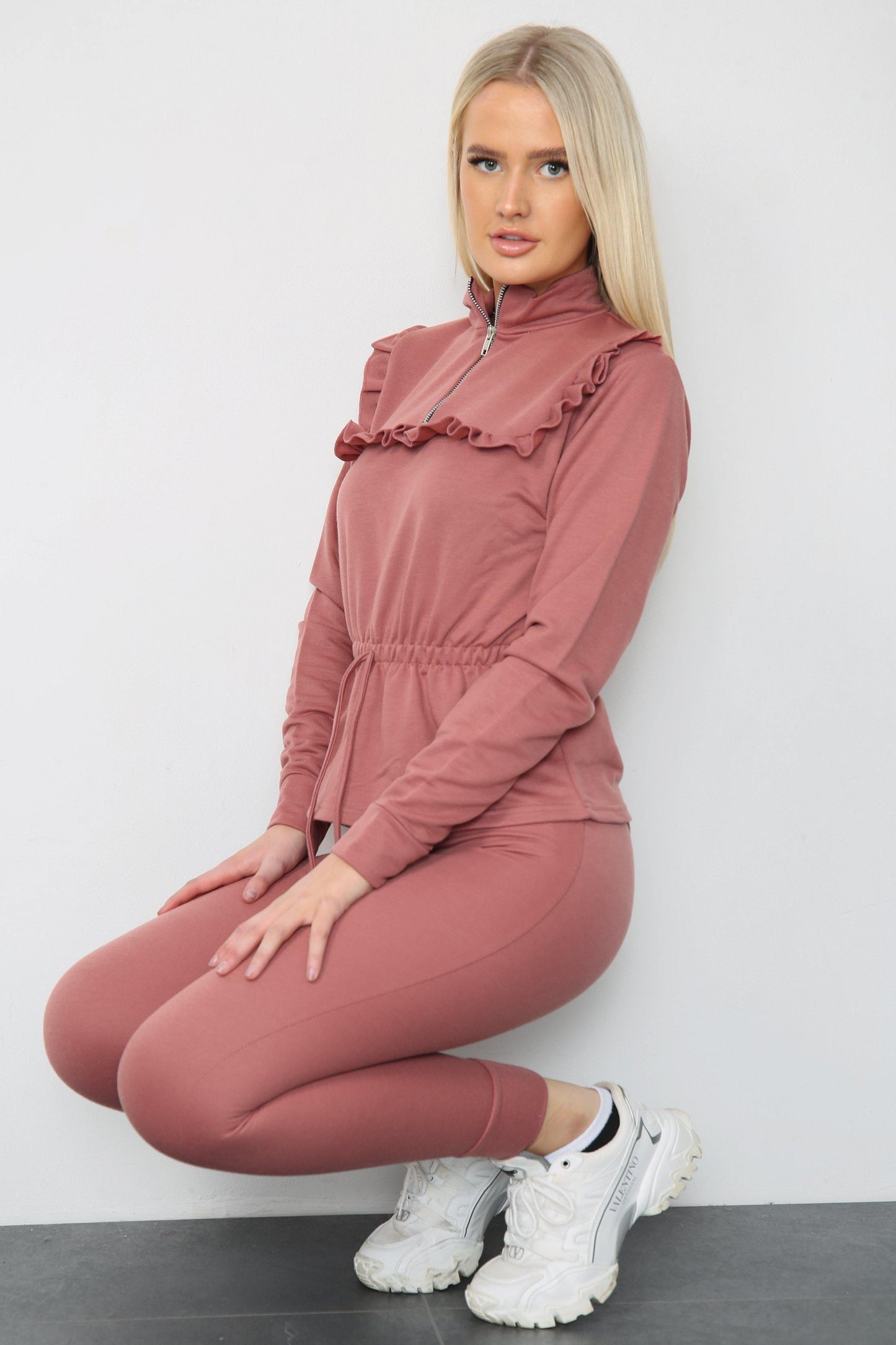 Rose Gold Long Sleeve Lounge Top Adjustable Waist With Frill Accents