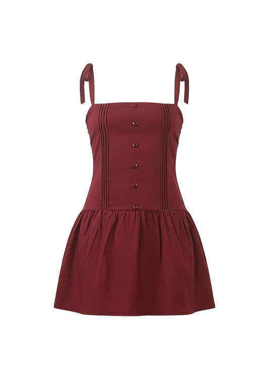 Maroon Button-Down Strap Mini Dress Bodice & Flared Hem