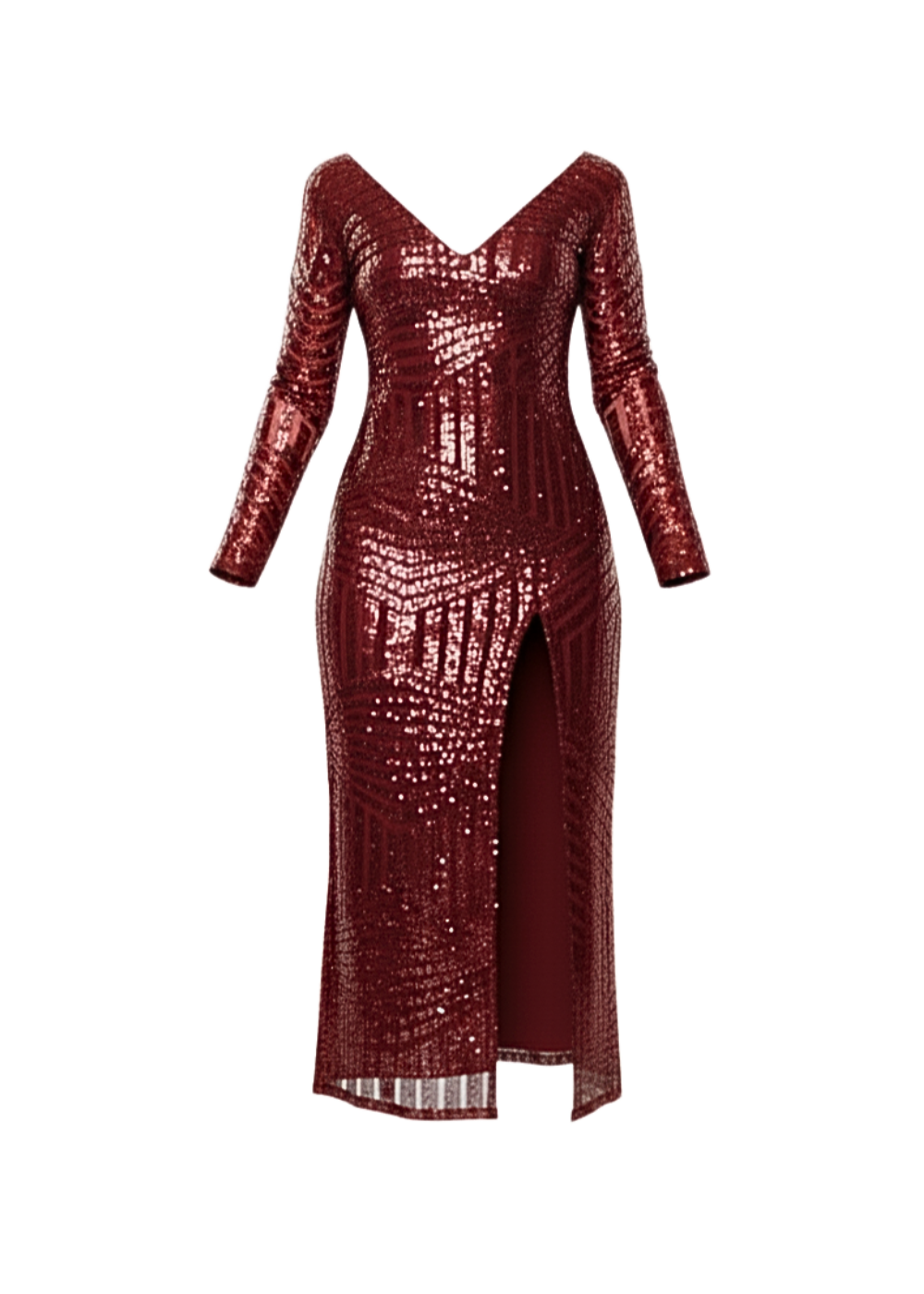 Maroon Glitter Sequin Maxi Dress With Long Sleeves And Front Split
