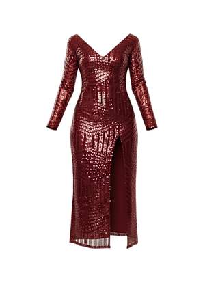 Maroon Glitter Sequin Maxi Dress With Long Sleeves And Front Split