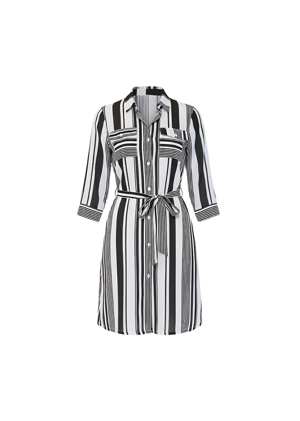 Monochrome Striped Georgette Button-Down Shirt Dress