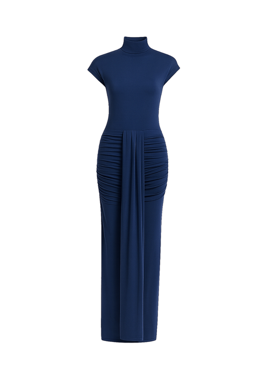 Navy Cap Sleeve Jersey Ruched Waist Maxi Style Evening Gown