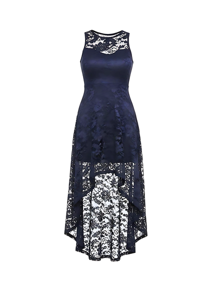 Navy Floral Lace Asymmetrical Hem Party Dress