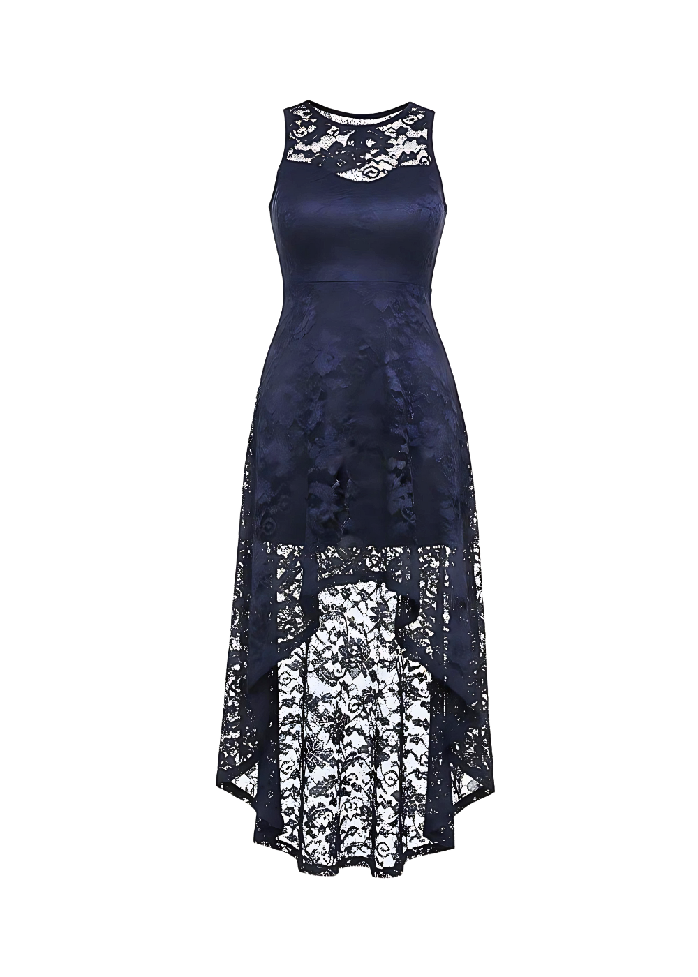 Navy Floral Lace Asymmetrical Hem Party Dress