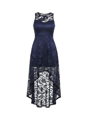Navy Floral Lace Asymmetrical Hem Party Dress