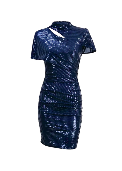 Navy Sequin Bodycon Asymmetric Sleeve Mini Dress