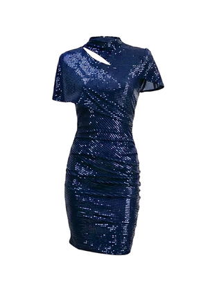 Navy Sequin Bodycon Asymmetric Sleeve Mini Dress