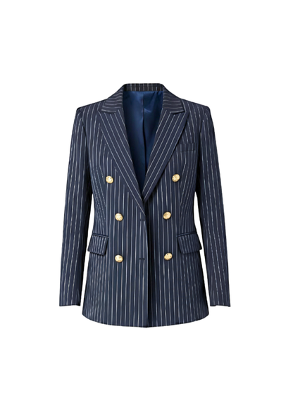Navy Pinstripe Tailored Blazer with Gold Toned Hammered Round Buttons