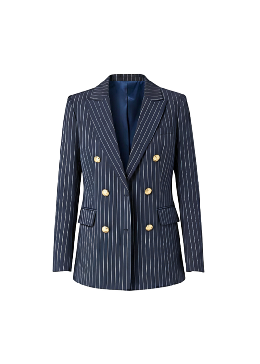 Navy Pinstripe Tailored Blazer with Gold Toned Hammered Round Buttons