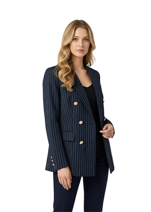 Navy Pinstripe Tailored Blazer with Gold Toned Hammered Round Buttons
