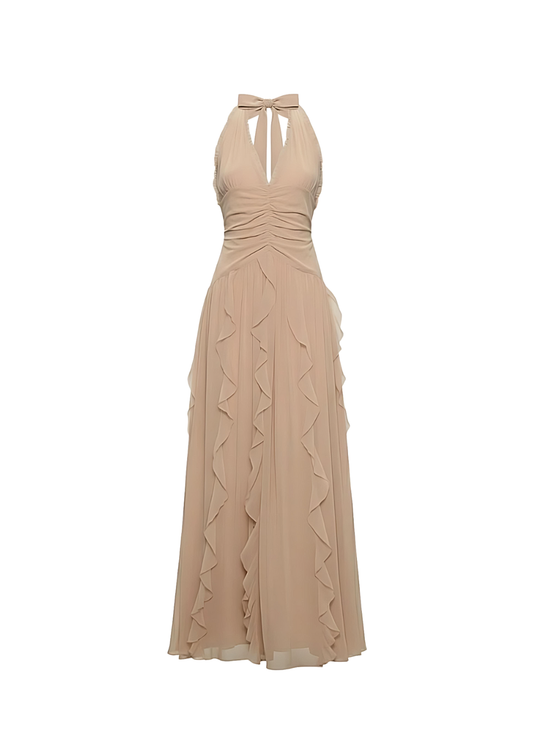 Nude Halter Neck Chiffon Ruffle Flowy Maxi Dress