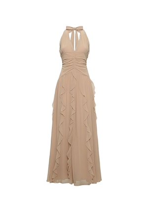 Nude Halter Neck Chiffon Ruffle Flowy Maxi Dress