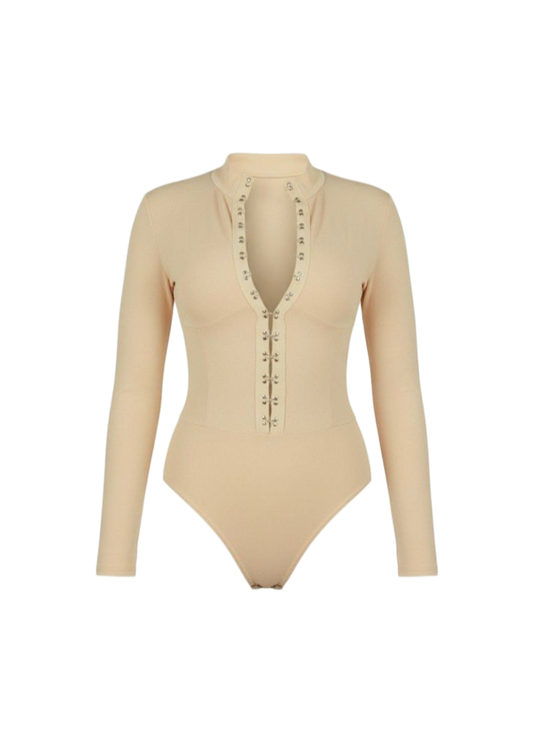 Nude High Neck Long Sleeve Hook and Eye Bodysuit