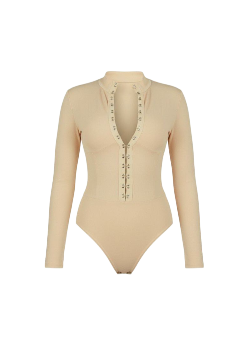 Nude High Neck Long Sleeve Hook and Eye Bodysuit