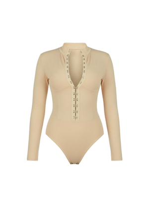 Nude High Neck Long Sleeve Hook and Eye Bodysuit