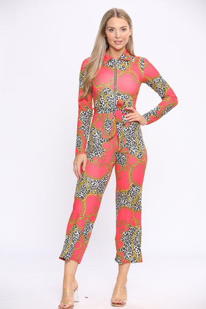 Red Print Long Sleeve Wide Leg Jumpsuit