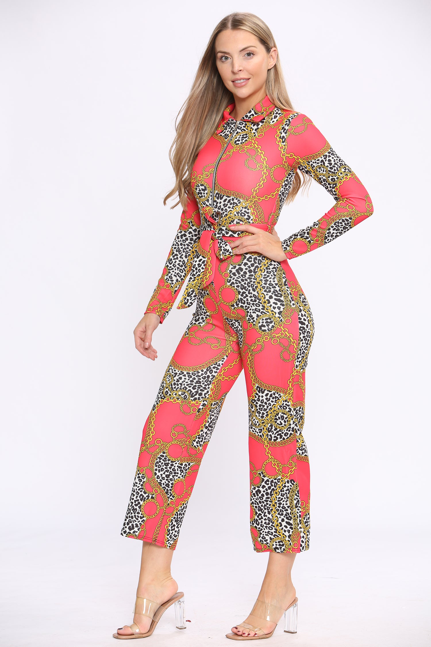 Red Print Long Sleeve Wide Leg Jumpsuit