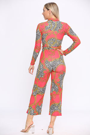 Red Print Long Sleeve Wide Leg Jumpsuit