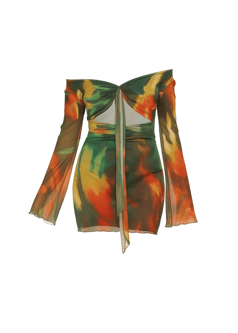 Avinci sheer off shoulder tie front mini dress front view