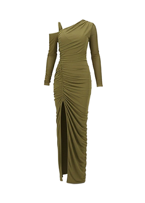 Olive Green Ruched One Shoulder High Slit Maxi Dress