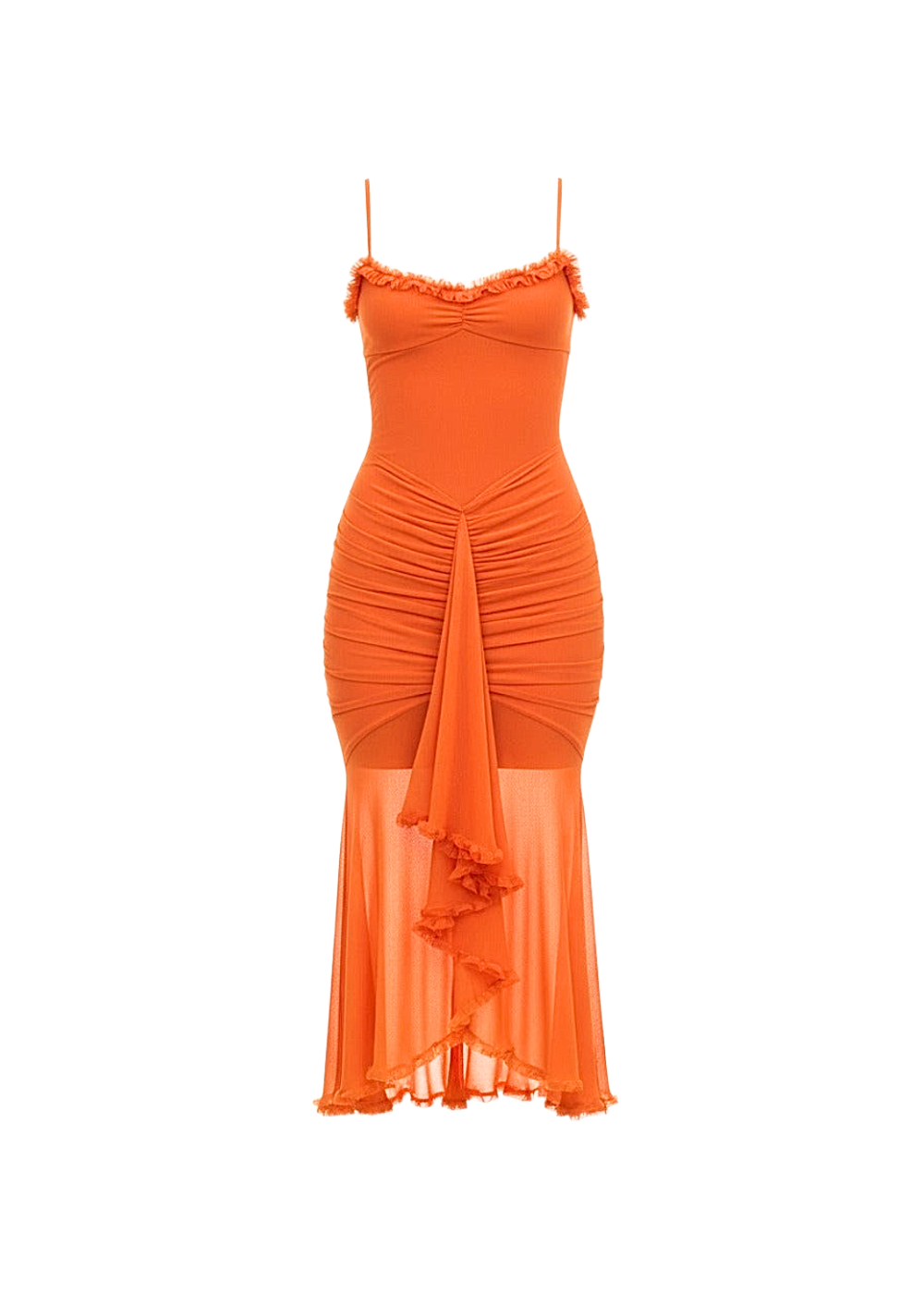 Pastel-Orange Ruched Bodycon Mesh Classic Party Midi Dress