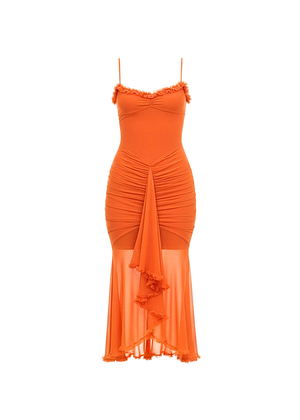 Pastel-Orange Ruched Bodycon Mesh Classic Party Midi Dress