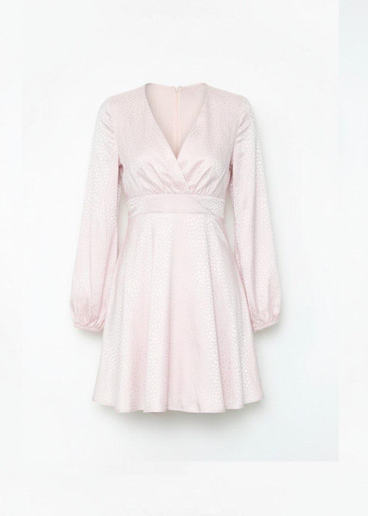 Pink Satin Stitched Waist Mini Dress Long Sleeve Flowing Silhouette