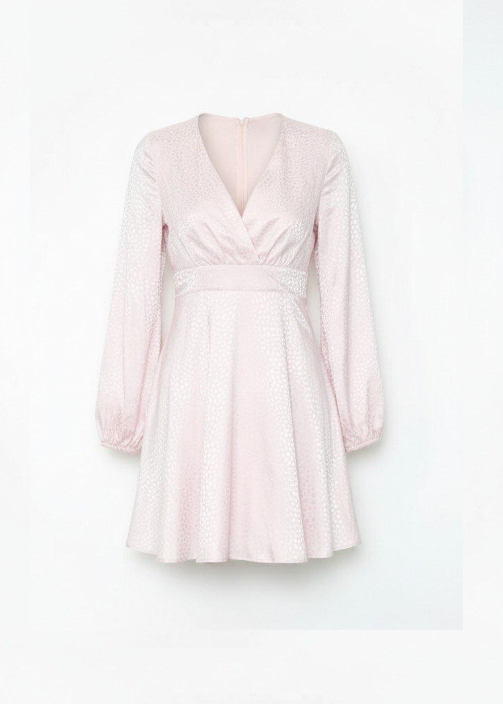 Pink Satin Stitched Waist Mini Dress Long Sleeve Flowing Silhouette