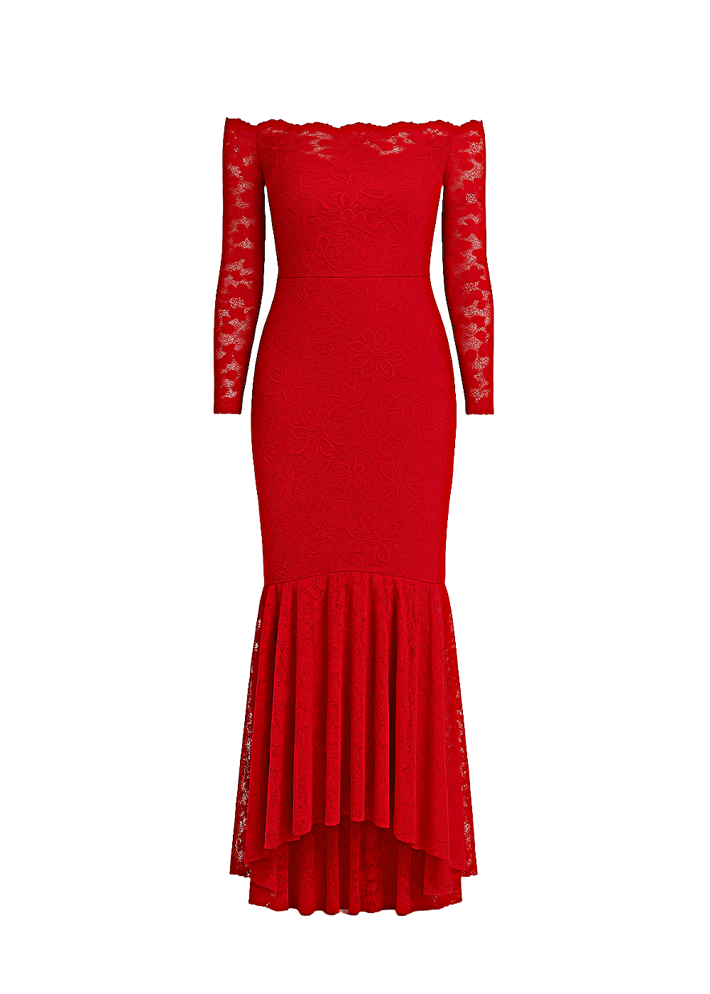 Red Floral Bodycon Lace Off-Shoulder Maxi Dress