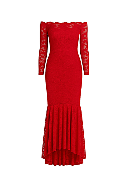 Red Floral Bodycon Lace Off-Shoulder Maxi Dress