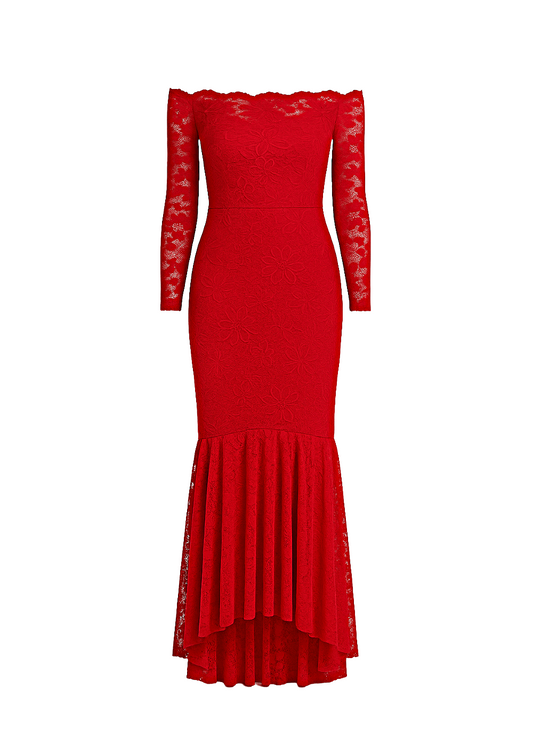 Red Floral Bodycon Lace Off-Shoulder Maxi Dress