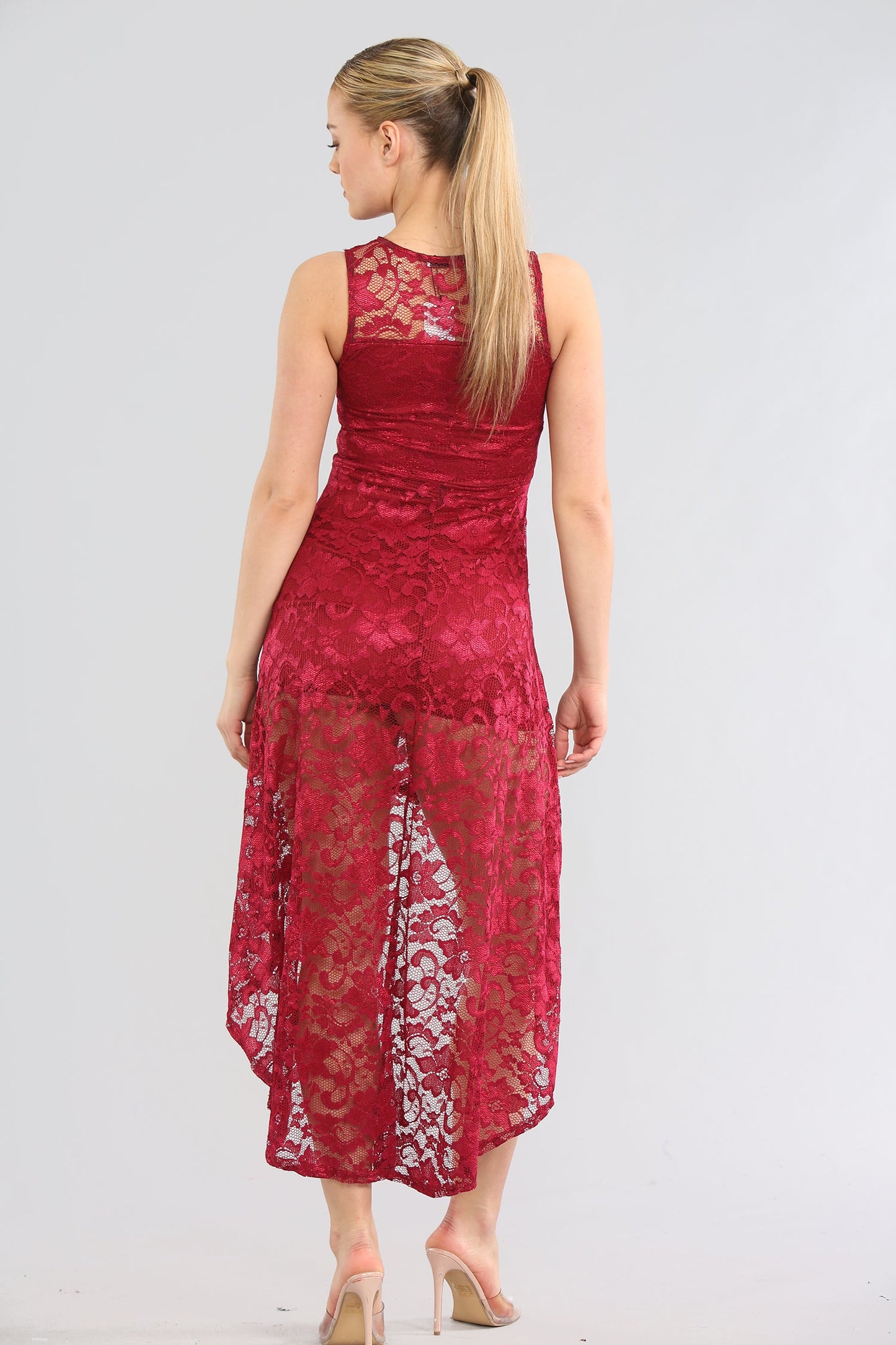 AVINCI WOMEN NAVY LACE ASYMMETRICAL DRESS - - Avinci