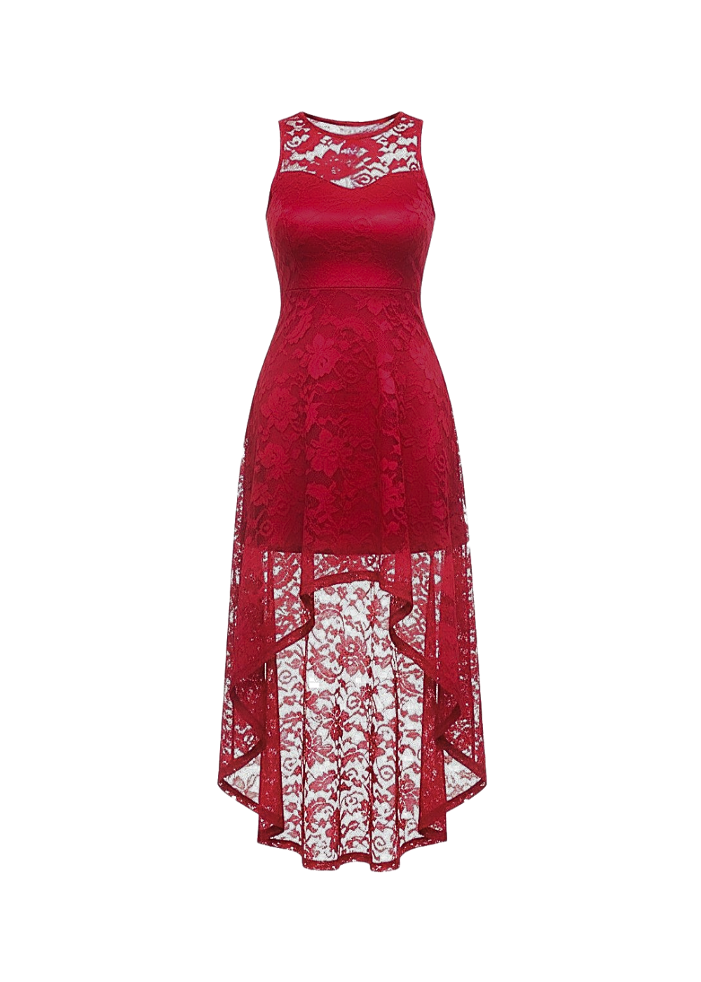 Red Floral Lace Asymmetrical Hem Party Dress