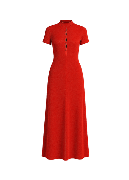 Red Keyhole Detailed Sparkly Slim Fit High Neckline Maxi Dress