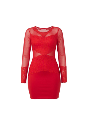 Red Sheer Mesh Lace Detail Bodycon Mini Dress