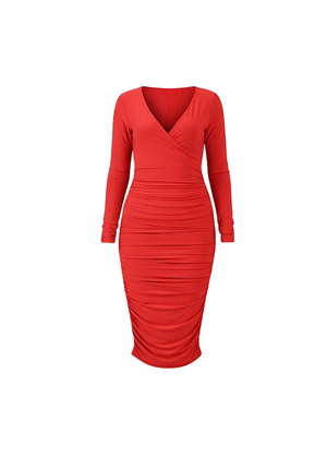 Red Slinky Long Sleeve Ruched Wrap Midi Dress