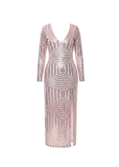 Rose Gold Glitter Sequin Maxi Dress With Long Sleeves And Front Split