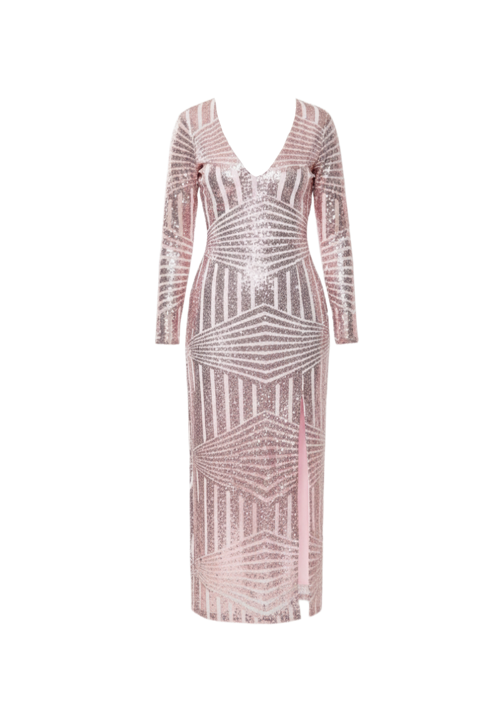 Rose Gold Glitter Sequin Maxi Dress With Long Sleeves And Front Split