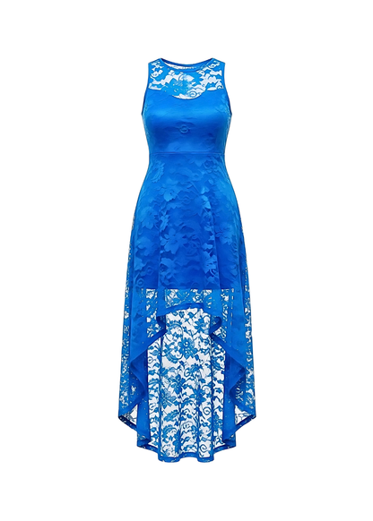 Royal Blue Floral Lace Asymmetrical Hem Party Dress