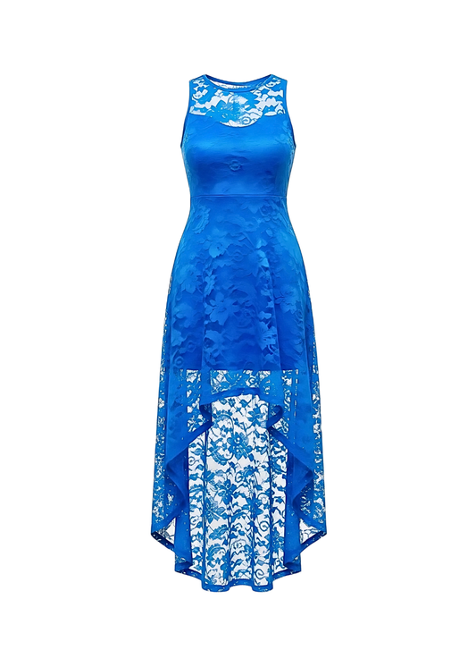 Royal Blue Floral Lace Asymmetrical Hem Party Dress