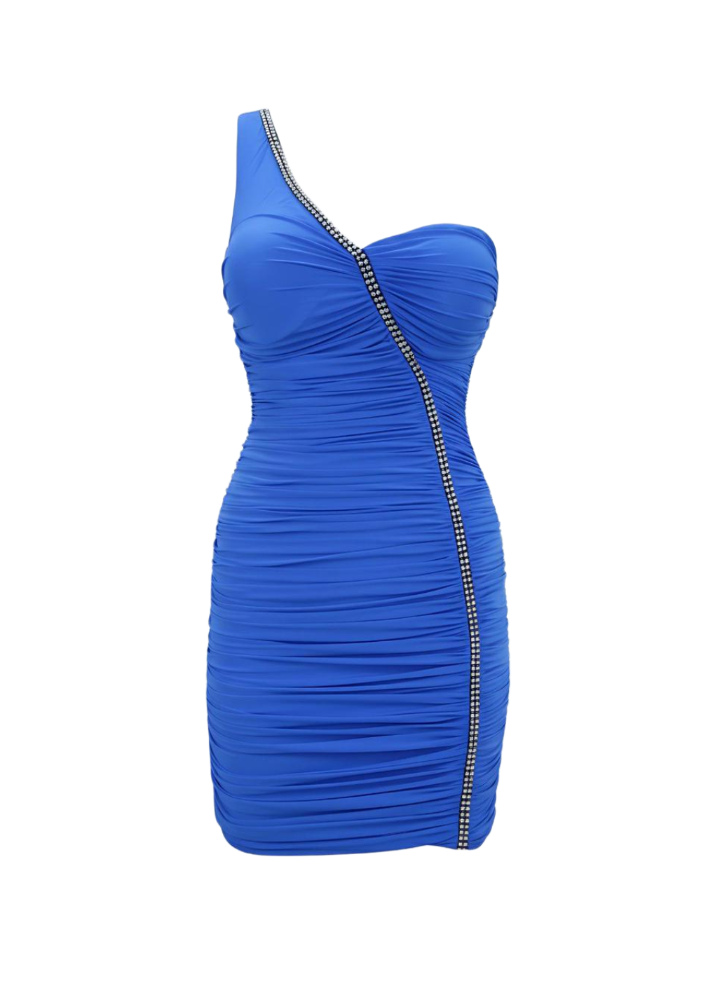 Royal Blue One Shoulder Ruched Rhinestone Trim Mini Dress