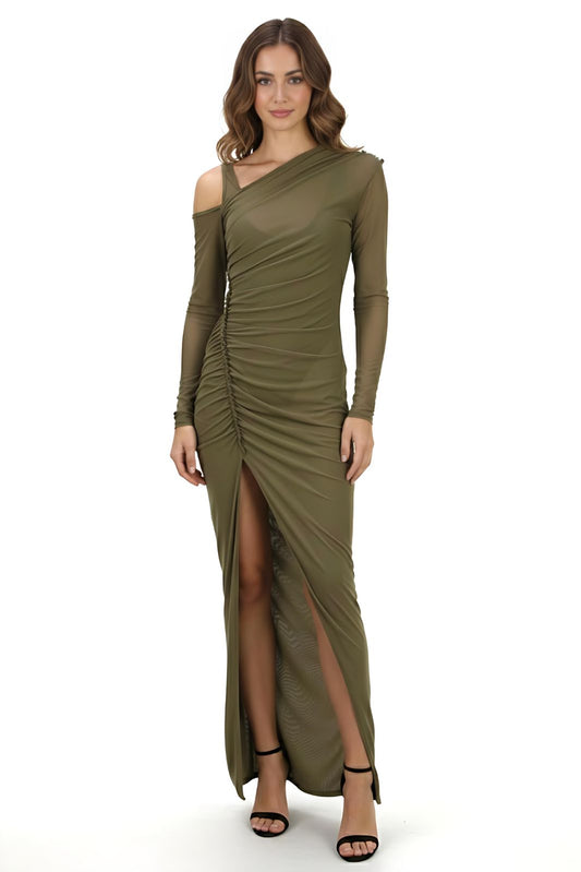 Olive Green Ruched One Shoulder High Slit Maxi Dress
