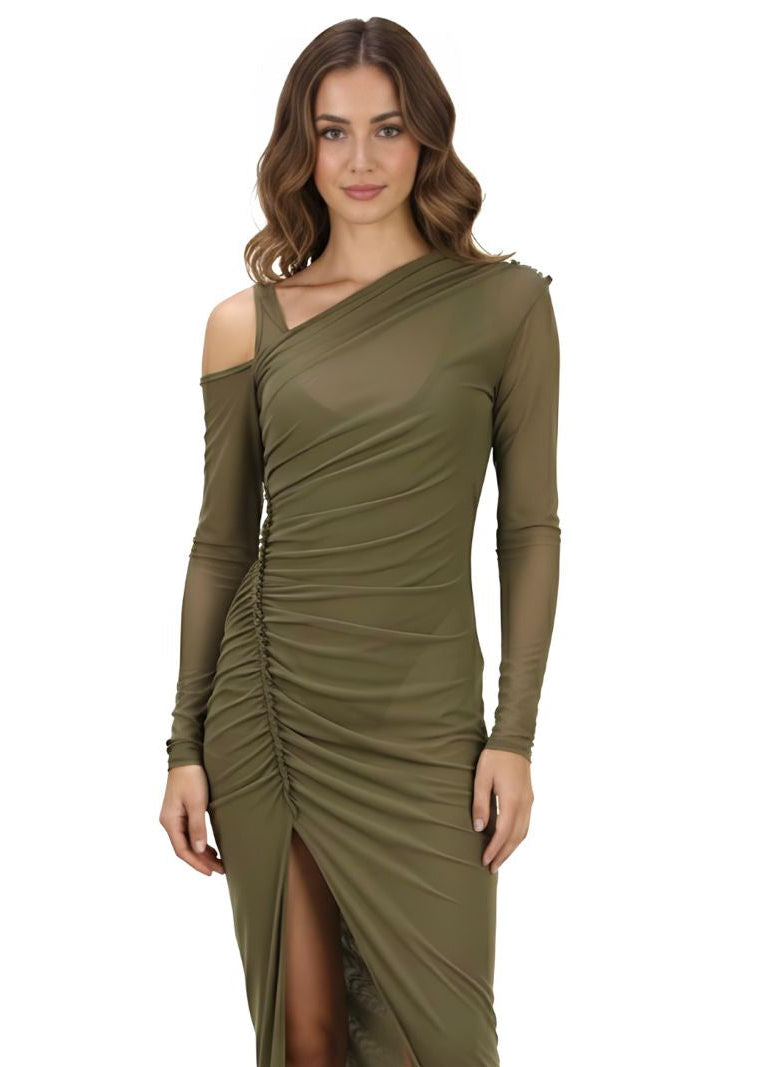 Olive Green Ruched One Shoulder High Slit Maxi Dress