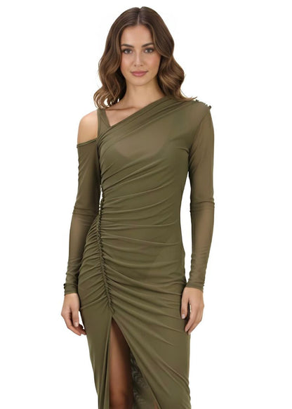 Olive Green Ruched One Shoulder High Slit Maxi Dress