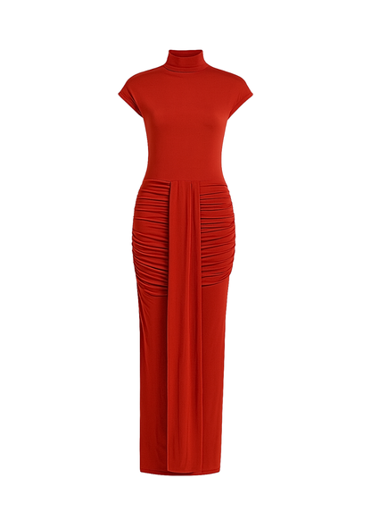 Rust Cap Sleeve Jersey Ruched Waist Maxi Style Evening Gown