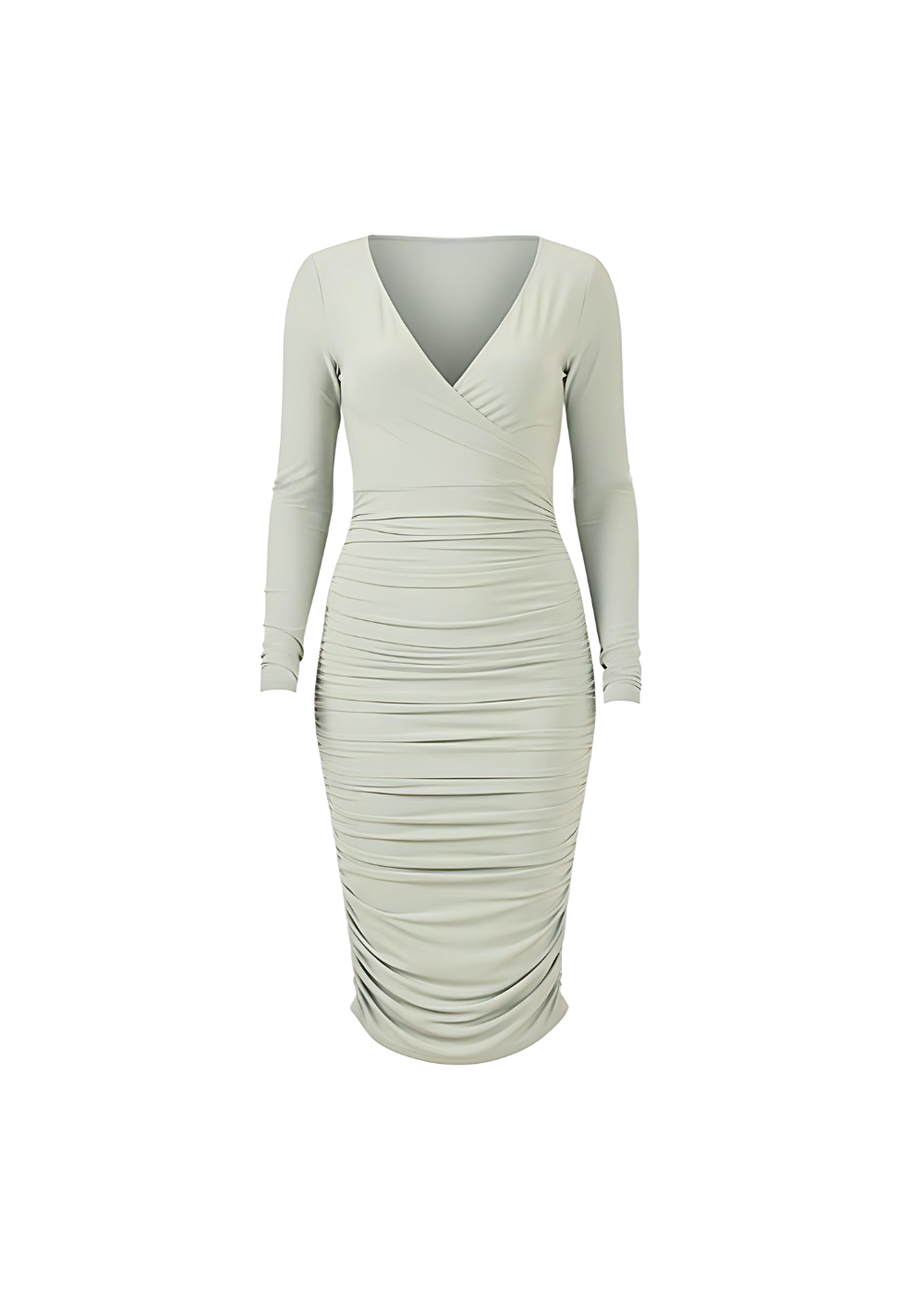 Sage Green Slinky Long Sleeve Ruched Wrap Midi Dress